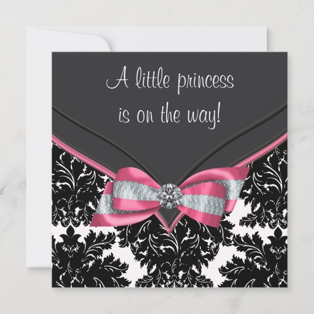 Convites Chuva de Bebê Princesa Laço Rosa Damask Preto (Frente)
