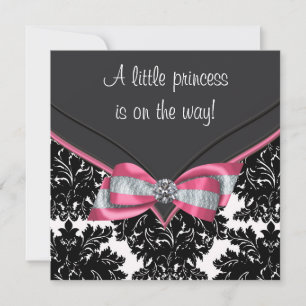 Convites Chuva de Bebê Princesa Laço Rosa Damask Preto