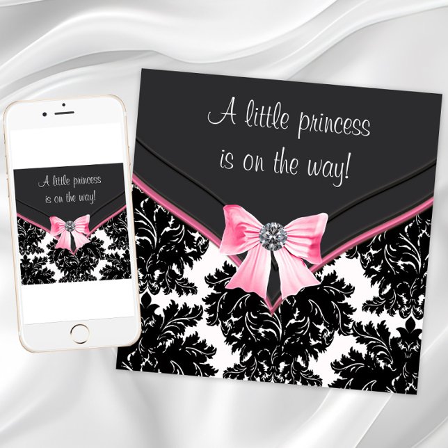Convites Chuva de Bebê Princesa Laço Rosa em Damasco Preto (Pink black damask baby shower invitation. Add text of your choice to front and back. Digital & Print)