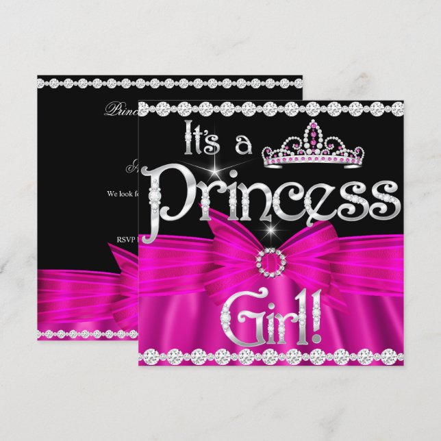 Convites Chuva de Bebê Princesa Laço Rosa Quente Tiara Prat (Frente/Verso)