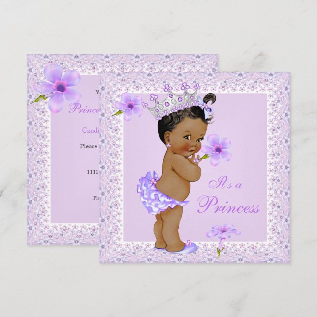 Convites Chuva de Bebê Princesa Lavanda Afro-Americana (Frente/Verso)
