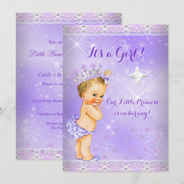Convites Chuva de Bebê Princesa Lilás Lavanda Tiara Loira (Frente/Verso)
