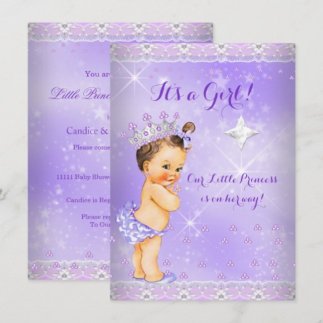 Convites Chuva de Bebê Princesa Lilás Lavanda Tiara Morena (Frente/Verso)