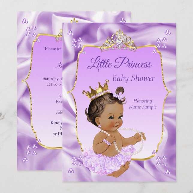 Convites Chuva de Bebê Princesa Lilás Menina Morena Escura (Frente/Verso)