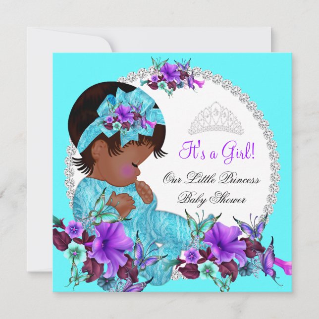 Convites Chuva de Bebê Princesa Menina Azul Teal Roxo D1 (Frente)