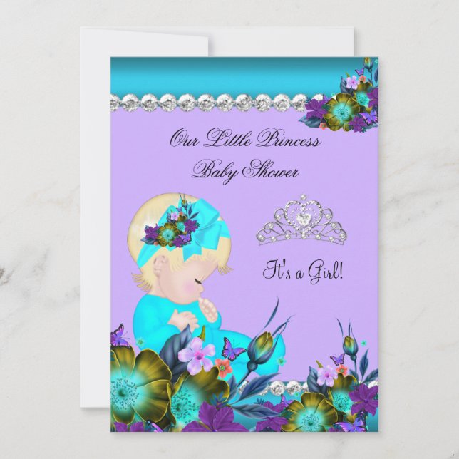 Convites Chuva de Bebê Princesa Menina Azul Teal Roxo Loira (Frente)
