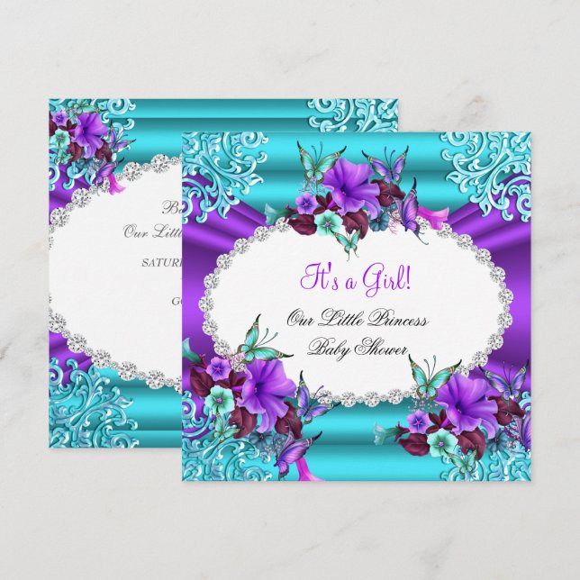 Convites Chuva de Bebê Princesa Menina Azul Turquesa Floral (Frente/Verso)