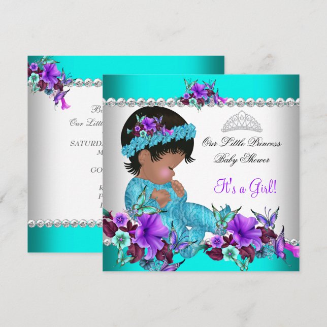 Convites Chuva de Bebê Princesa Menina Azul Turquesa Roxo 3 (Frente/Verso)