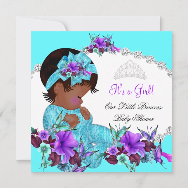 Convites Chuva de Bebê Princesa Menina Azul Turquesa Roxo C (Frente)
