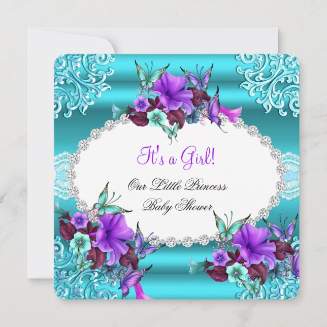 Convites Chuva de Bebê Princesa Menina Azul Turquesa Roxo F (Frente)