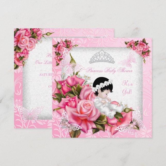 Convites Chuva de Bebê Princesa Menina Borboleta Rosa (Frente/Verso)
