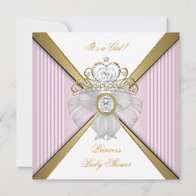 Convites Chuva de Bebê Princesa Menina Branco Rosa Dourado (Frente)