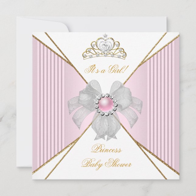 Convites Chuva de Bebê Princesa Menina Branco Rosa Pérola D (Frente)