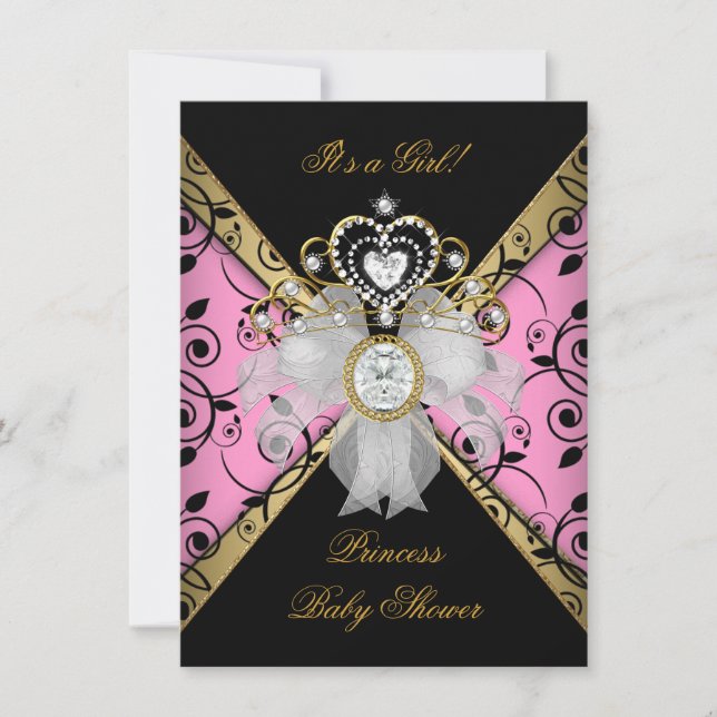 Convites Chuva de Bebê Princesa Menina Damask Preto Rosa (Frente)