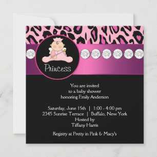 Convites Chuva de Bebê Princesa Menina Leopardo Rosa Vibran