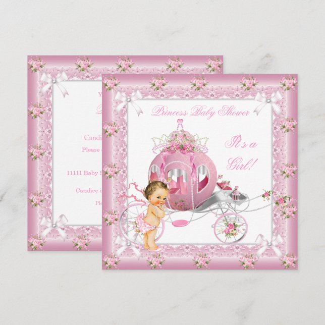 Convites Chuva de Bebê Princesa Menina Pérolas Rosa Morena (Frente/Verso)