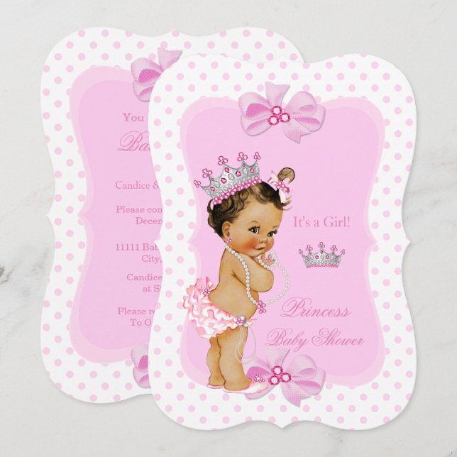 Convites Chuva de Bebê Princesa Menina Pontos Rosa Morena (Frente/Verso)