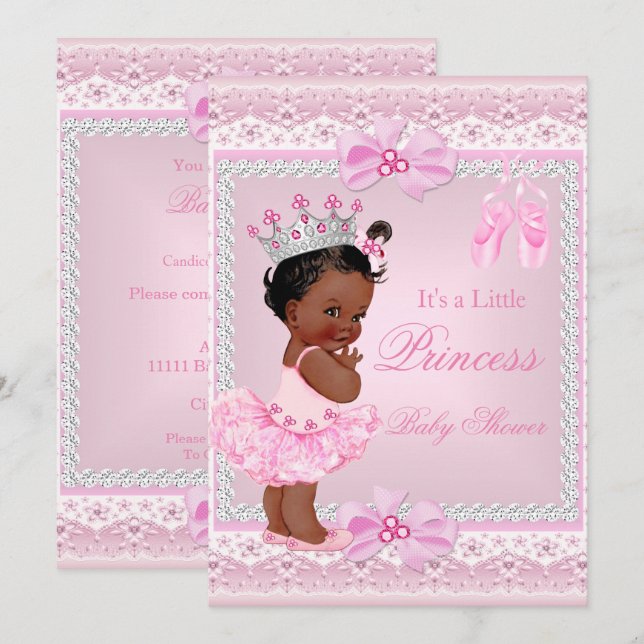 Convites Chuva de Bebê Princesa Menina Rosa Bailarina Étnic (Frente/Verso)