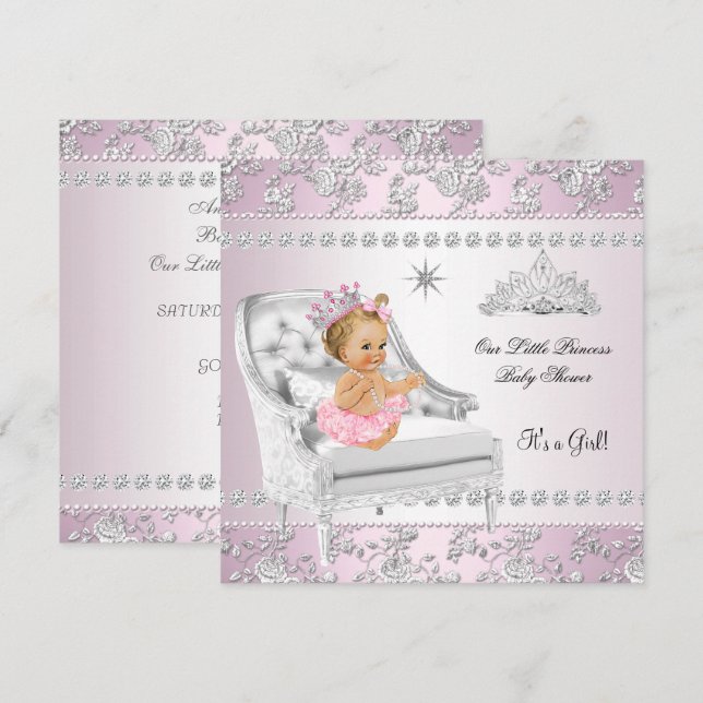 Convites Chuva de Bebê Princesa Menina Rosa Cadeira Prata C (Frente/Verso)