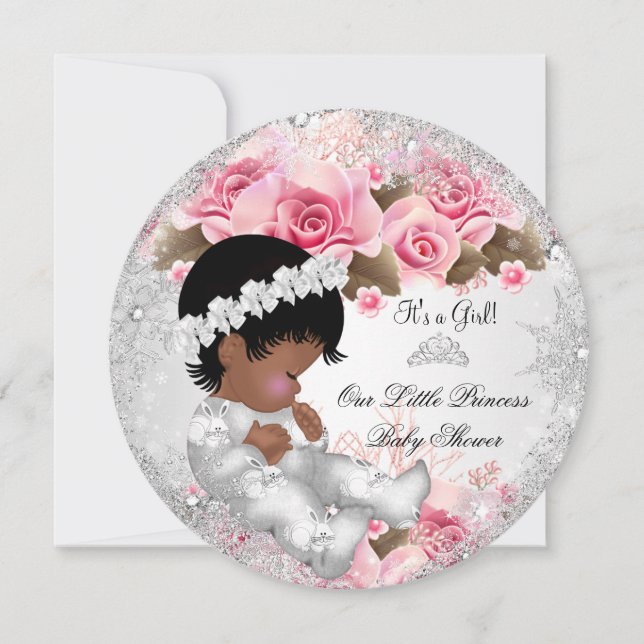 Convites Chuva de Bebê Princesa Menina Rosa Flocos de Neve  (Frente)