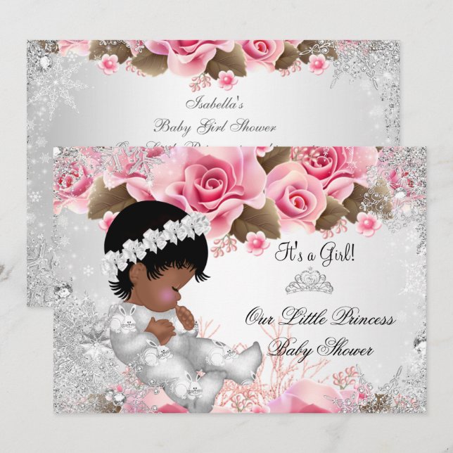 Convites Chuva de Bebê Princesa Menina Rosa Flocos de Neve  (Frente/Verso)