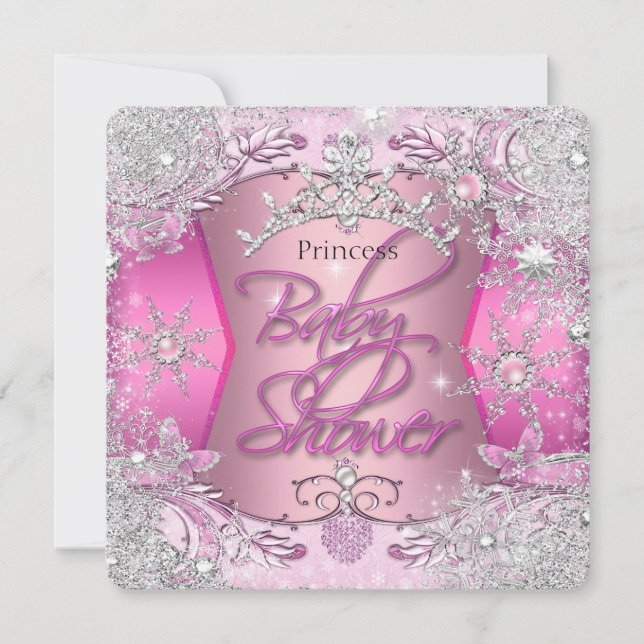 Convites Chuva de Bebê Princesa Menina Rosa Flocos de Neve  (Frente)