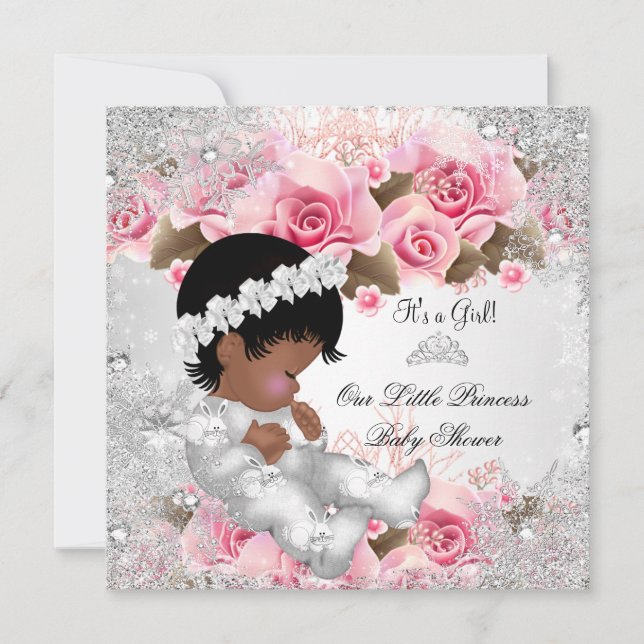 Convites Chuva de Bebê Princesa Menina Rosa Flocos de Neve  (Frente)