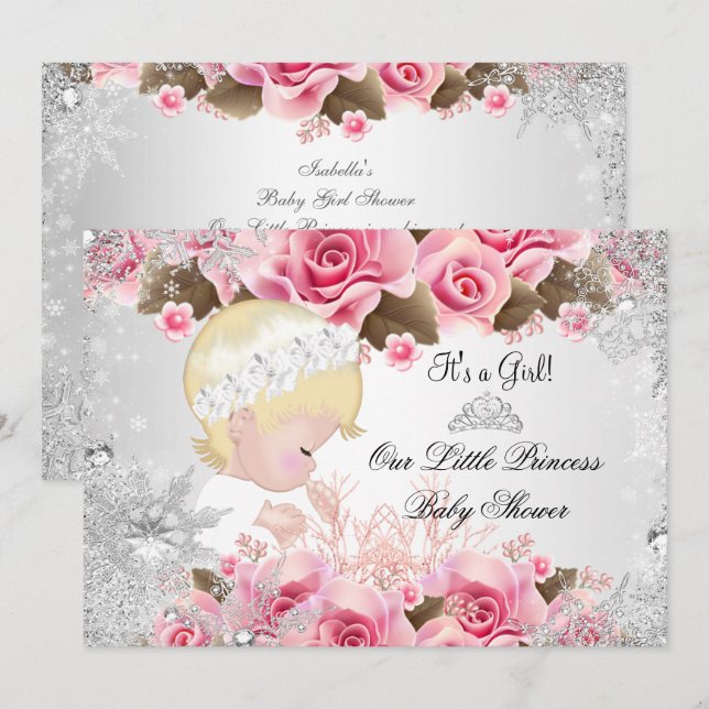 Convites Chuva de Bebê Princesa Menina Rosa Flocos de Neve  (Frente/Verso)