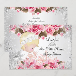 Convites Chuva de Bebê Princesa Menina Rosa Flocos de Neve 