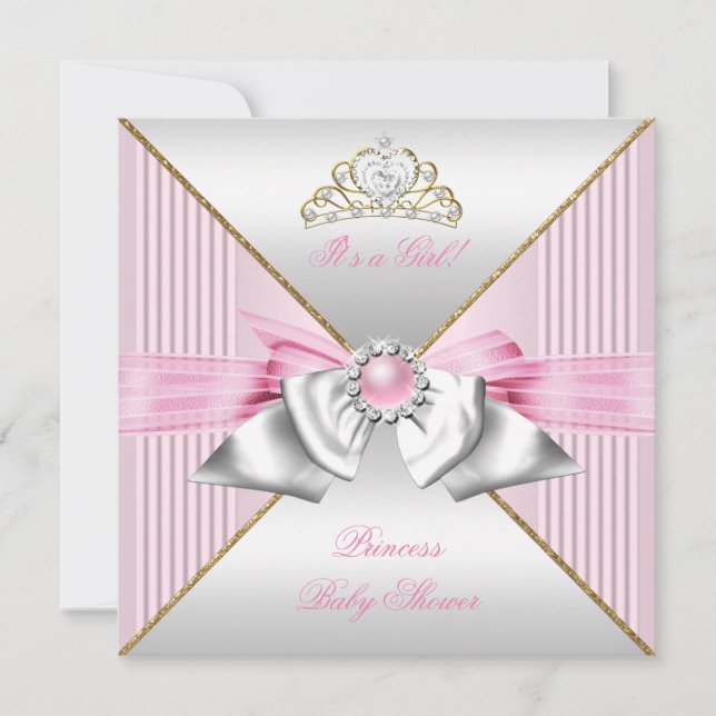 Convites Chuva de Bebê Princesa Menina Rosa Pérola Ouro Pra (Frente)