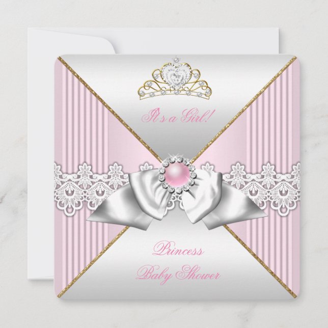Convites Chuva de Bebê Princesa Menina Rosa Pérola Ouro Pra (Frente)
