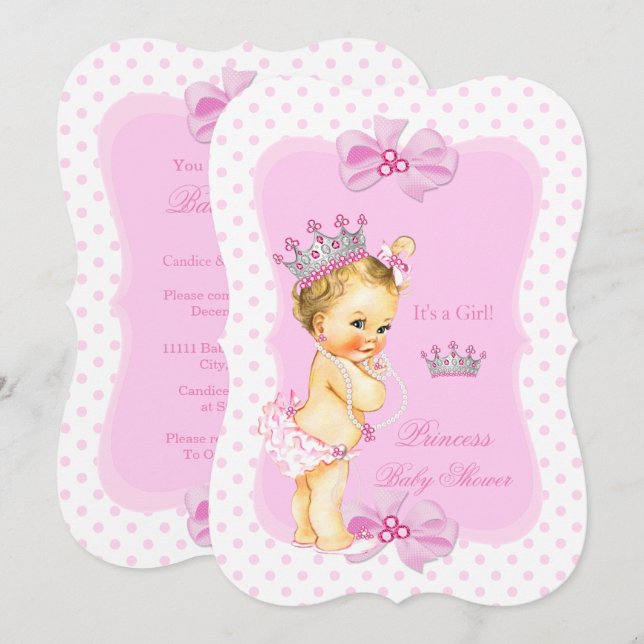 Convites Chuva de Bebê Princesa Menina Rosa Pontos Blonde (Frente/Verso)