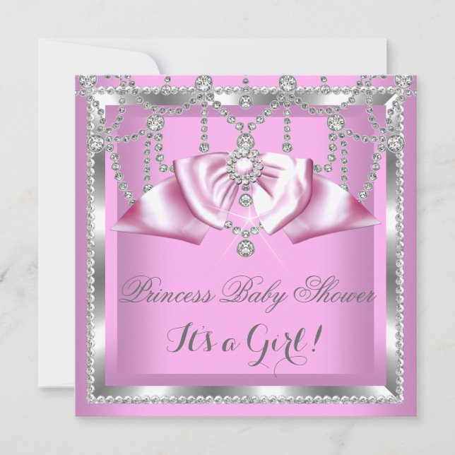 Convites Chuva de Bebê Princesa Menina Rosa Prata Diamante (Frente)