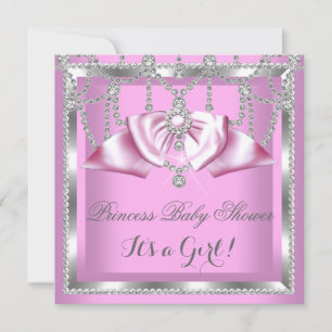 Convites Chuva de Bebê Princesa Menina Rosa Prata Diamante