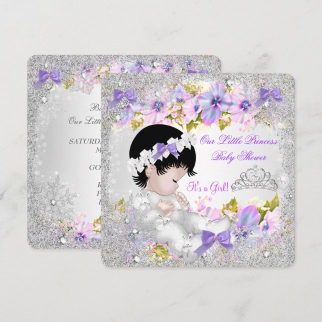 Convites Chuva de Bebê Princesa Menina Rosa Roxo Floco de N (Frente/Verso)