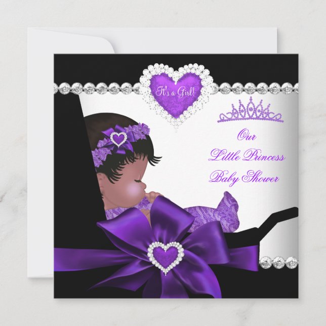 Convites Chuva de Bebê Princesa Menina Roxa Afro-Americana (Frente)