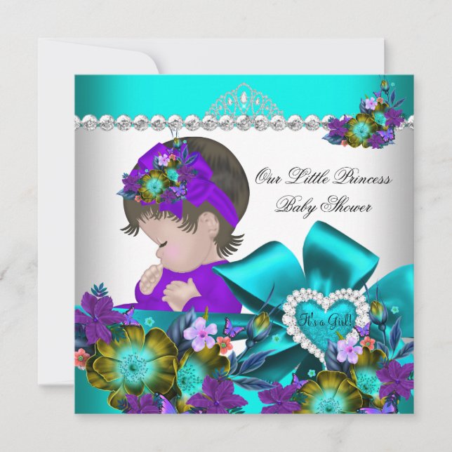 Convites Chuva de Bebê Princesa Menina Roxo Azul Turquesa 4 (Frente)