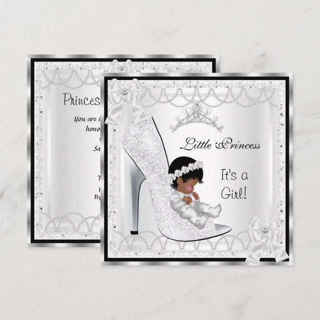 Convites Chuva de Bebê Princesa Menina Sapato Prata Branco  (Frente/Verso)