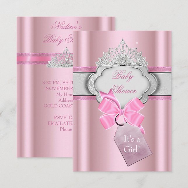 Convites Chuva de Bebê Princesa Menina Tiara Princesa Rosa (Frente/Verso)