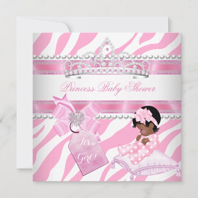 Convites Chuva de Bebê Princesa Menina Zebra Rosa Branco Ét (Frente)
