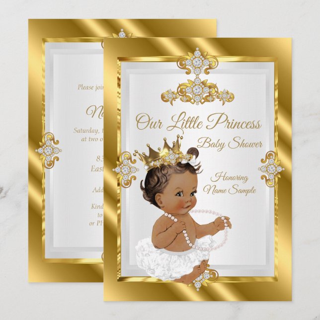 Convites Chuva de Bebe Princesa Ouro Branco Étnico (Frente/Verso)