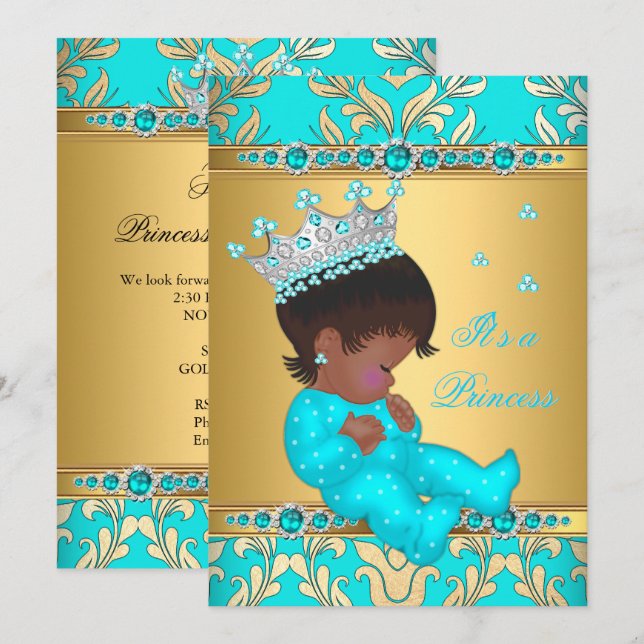 Convites Chuva de Bebê Princesa Pérola Azul Turquesa Etnico (Frente/Verso)