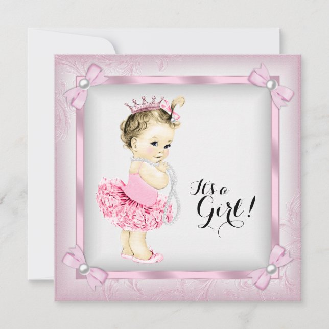 Convites Chuva de Bebê Princesa Pérola Rosa e Branco Tutu (Frente)