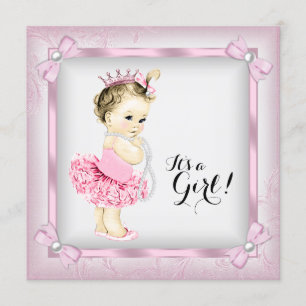 Convites Chuva de Bebê Princesa Pérola Rosa e Branco Tutu