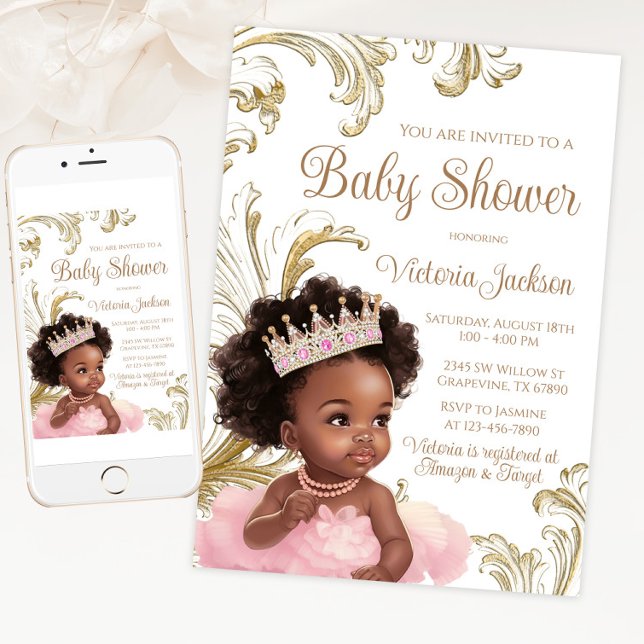 Convites Chuva de Bebê Princesa Preta Dourado Rosa (Pretty pink and gold African princess baby shower invitation for print and digital download.)