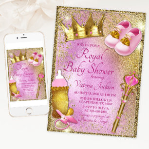 Convites Chuva de Bebê Princesa Real Rosa Dourado