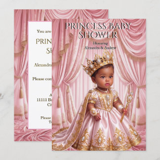 Convites Chuva de Bebê Princesa Real Tiara Rosa Ouro Étnico