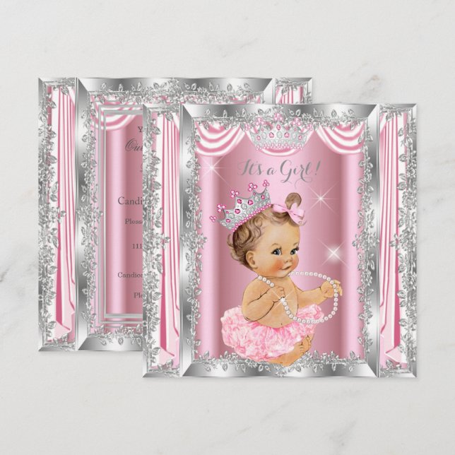 Convites Chuva de Bebê Princesa Rosa Bailarina de Luz Prata (Frente/Verso)