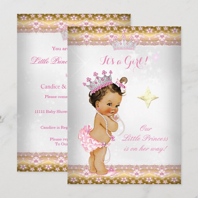 Convites Chuva de Bebê Princesa Rosa Branco Dourado Tiara B (Frente/Verso)