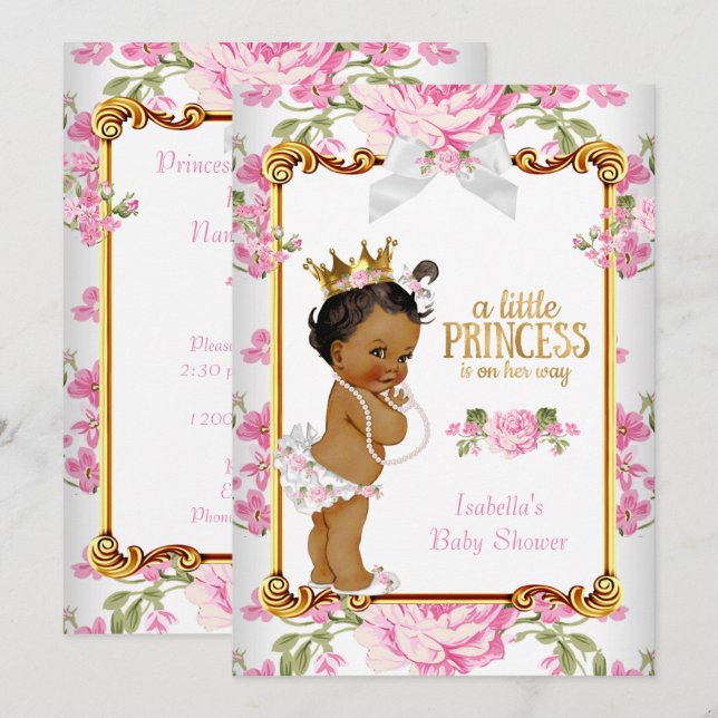 Convites Chuva de Bebê Princesa Rosa Branco Floral Étnico 2 (Frente/Verso)